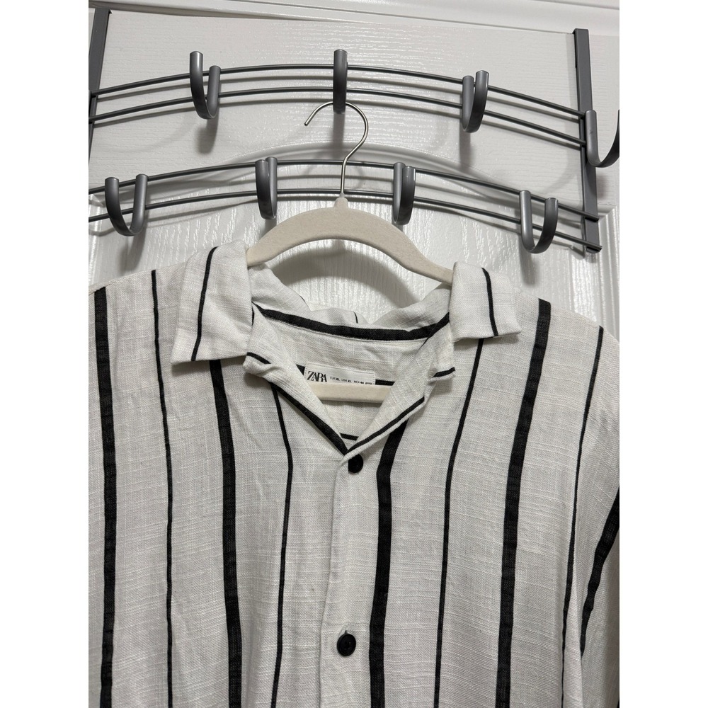 Zara Man XL White Black Vertical Stripe Linen Blend Short Sleeve Camp Shirt - Picture 14 of 16
